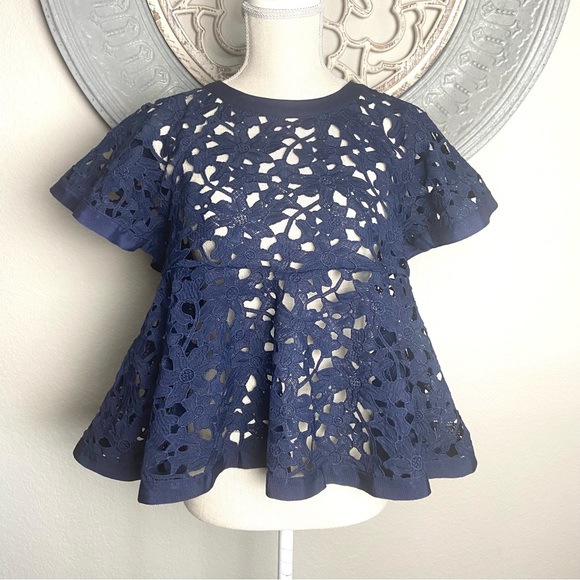 Anthropologie Eri + Ali Remy Navy Eyelet Lace Peplum Top- Size Small - Picture 4 of 14
